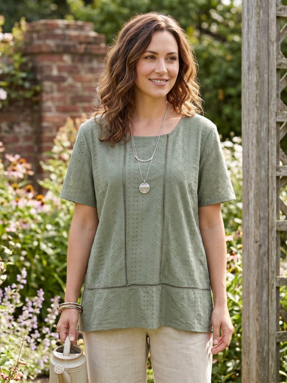 Misia 1X Eyelet Lace Olive Green Top SS Cottage 1X Boho Earthy Fairy Grunge Y2K